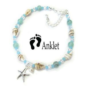 Beach Fashion Multi Blue Sea Glass Shell Starfish Anklet Jewelry